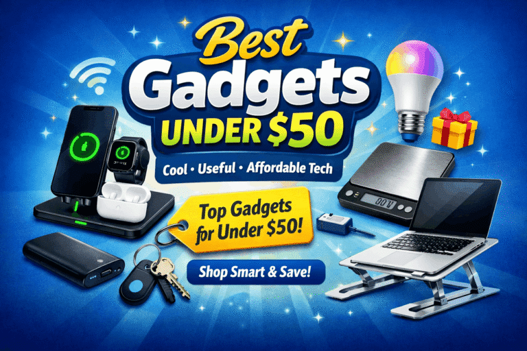 Best gadgets under 50 dollars including wireless charger, smart light bulb, power bank, laptop stand, and desk accessories